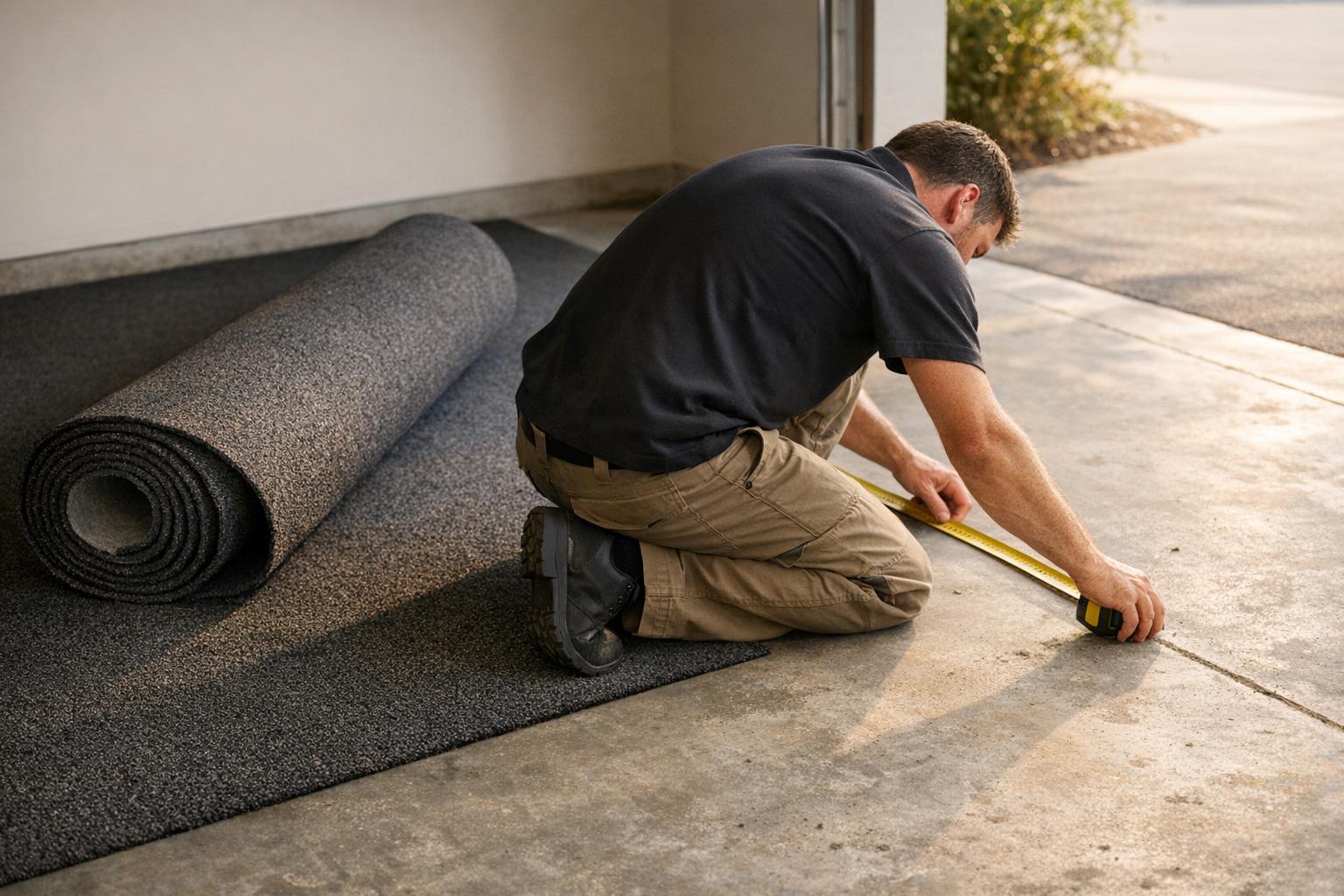 Ezra measuring up a garage floor before laying carpet