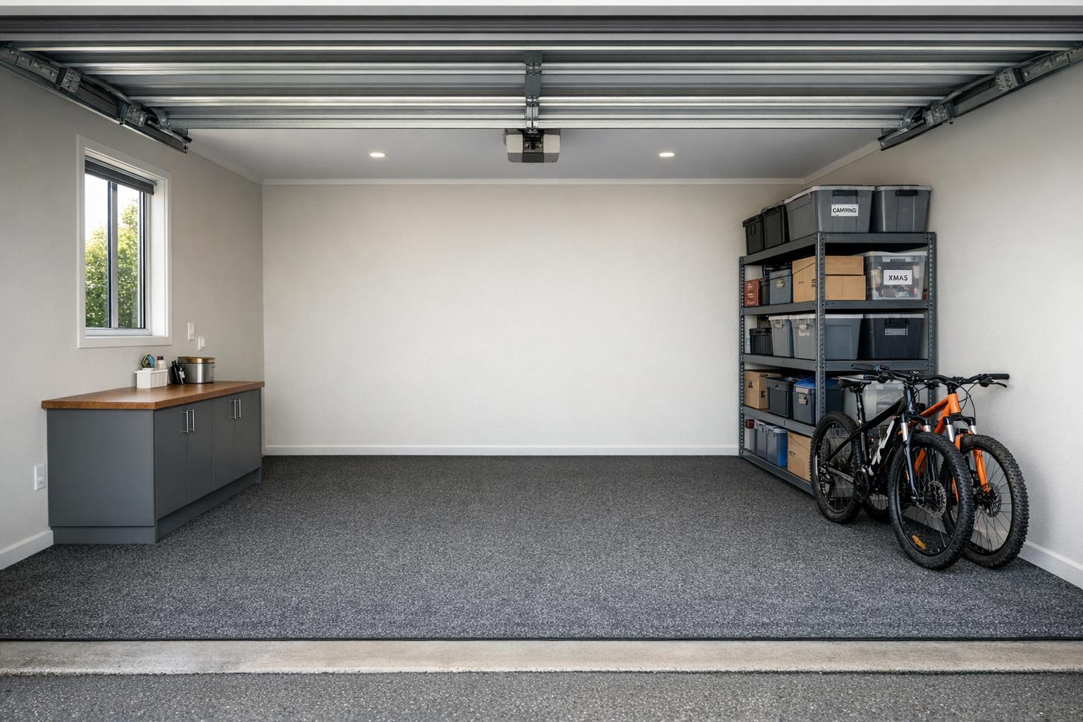 Charcoal garage carpet laid wall to wall in a tidy Christchurch double garage