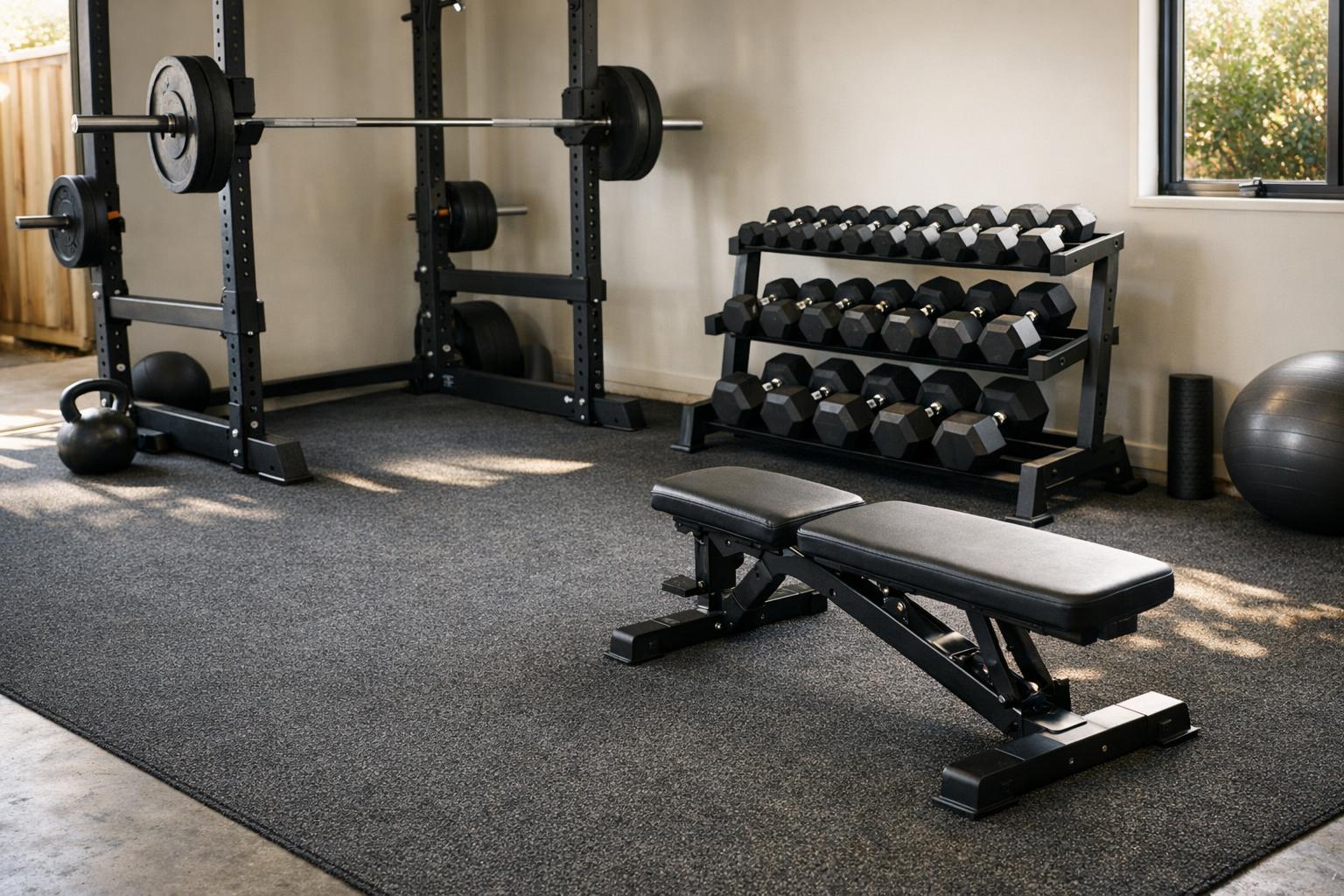 Home gym set up on garage carpet