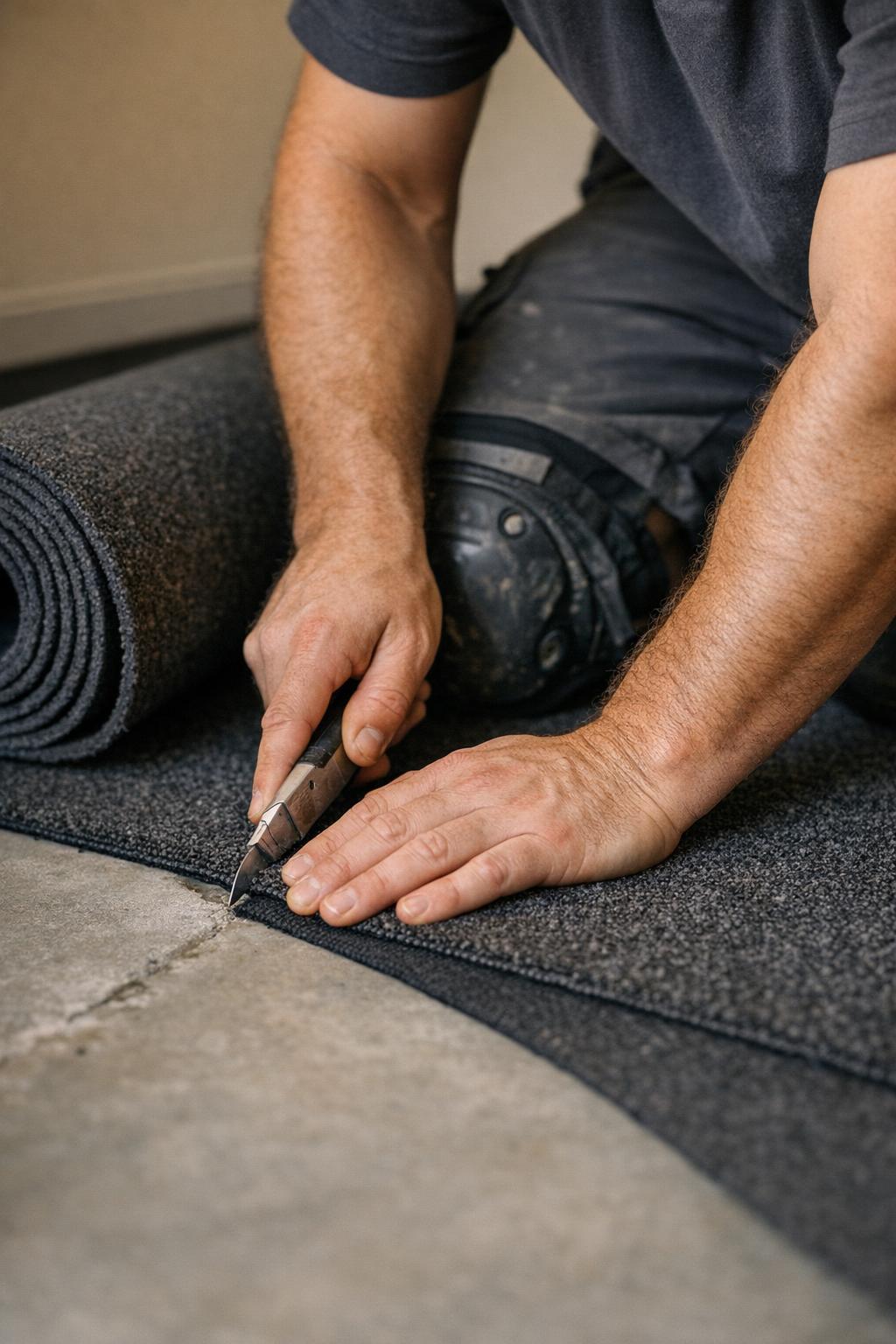 Tradesman gluing down garage carpet and trimming it neatly to the wall