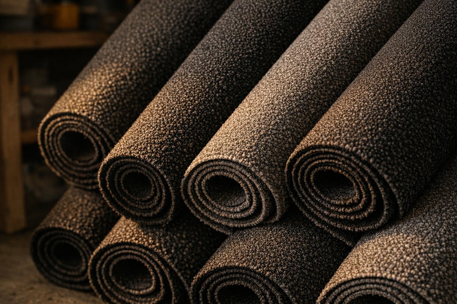 Rolls of heavy-duty charcoal garage carpet showing the dense loop-pile texture