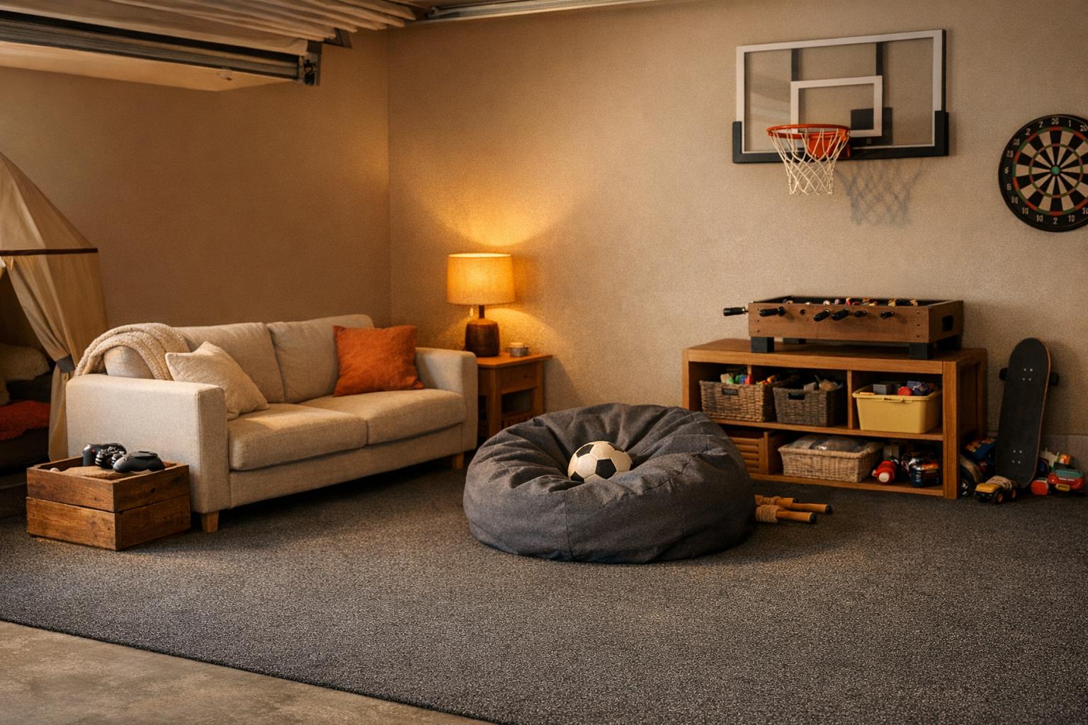 Garage converted into a carpeted rumpus room