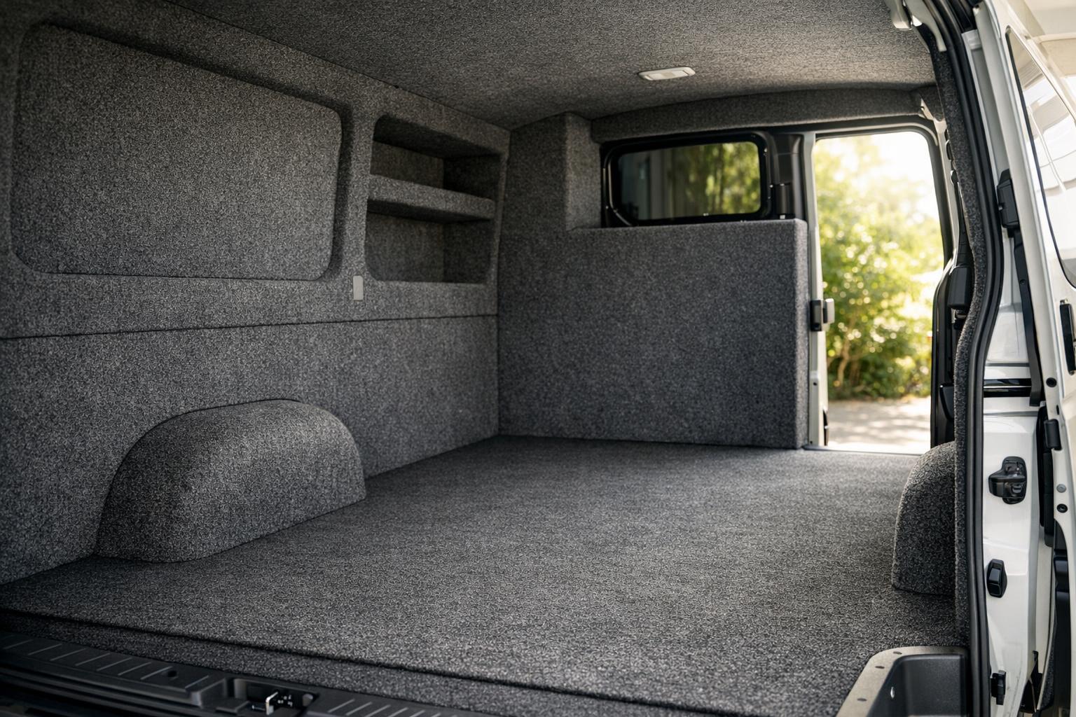 Van interior lined with charcoal carpet